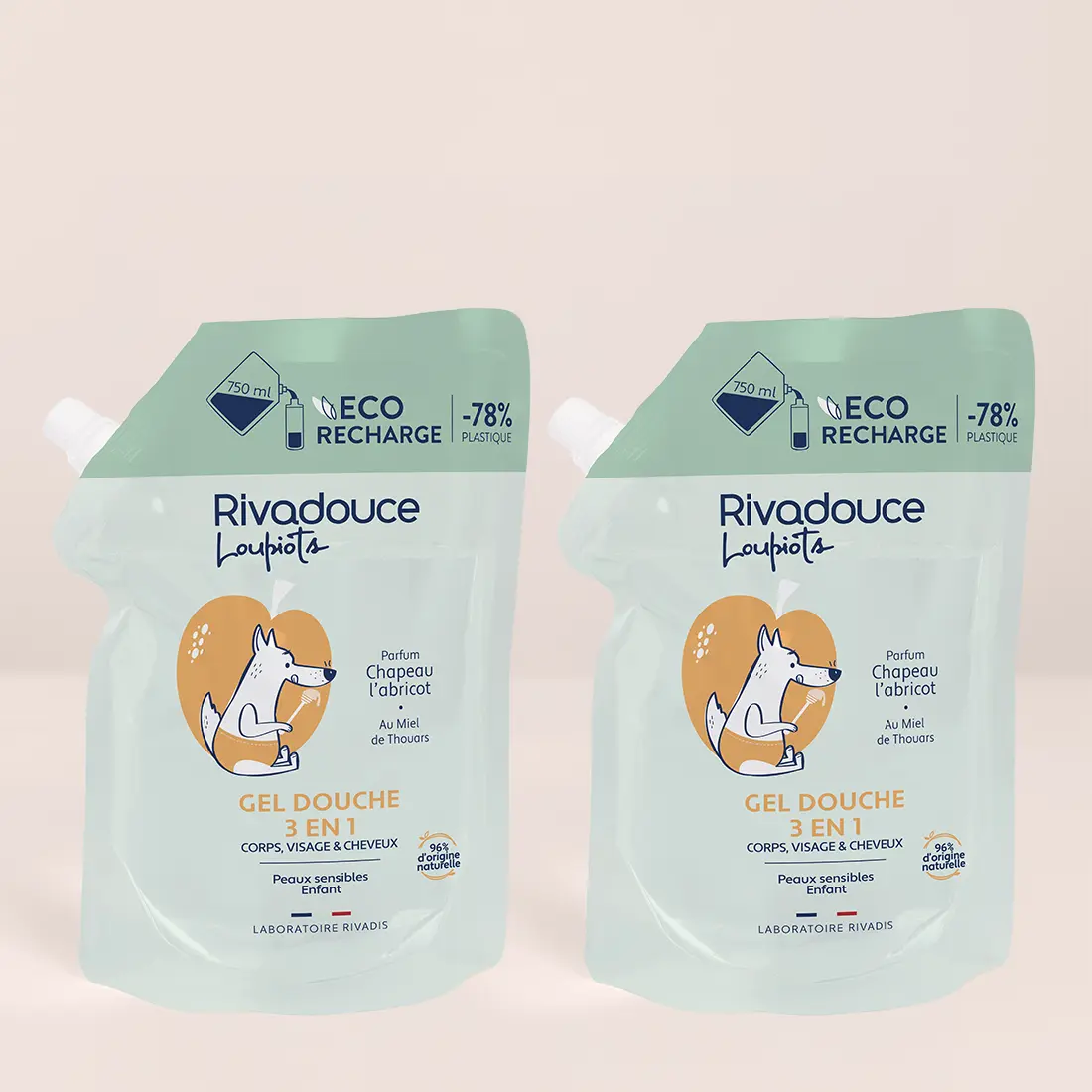 LOT RECHARGE GEL DOUCHE LOUPIOTS CHAPEAU L'ABRICOT 2*750ML image number 0